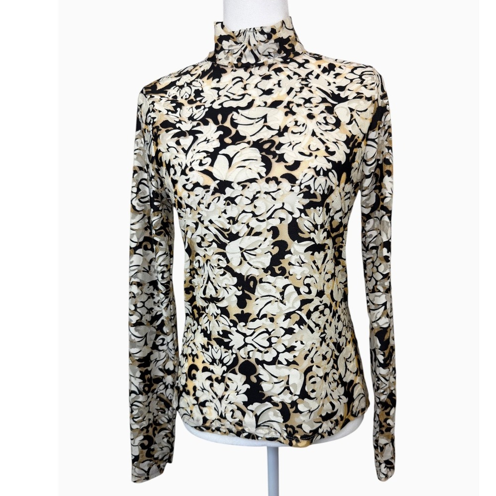 Bucket List Women's M Floral Lace Mock Neck Top Black Cream Tan USA Made